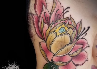 Flower - Neo-traditional color neck tattoo - Killer Silver Tattoo Studio