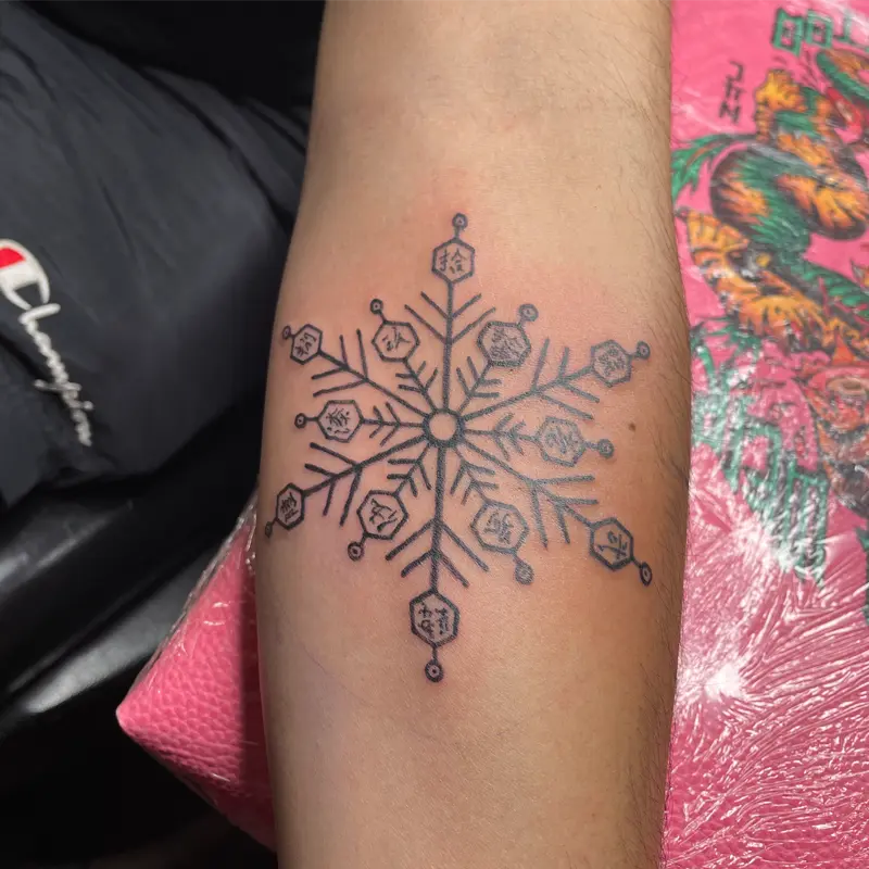 Geometric fine-line snowflake tattoo with characters in hexagons on the inner forearm, by Andres at Killer Silver Tattoo