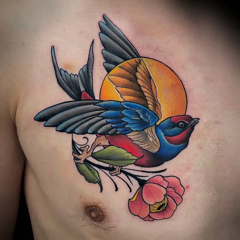 Neo-traditional bird and floral tattoo by guest artist Bence Kormos at Killer Silver Tattoo Studio