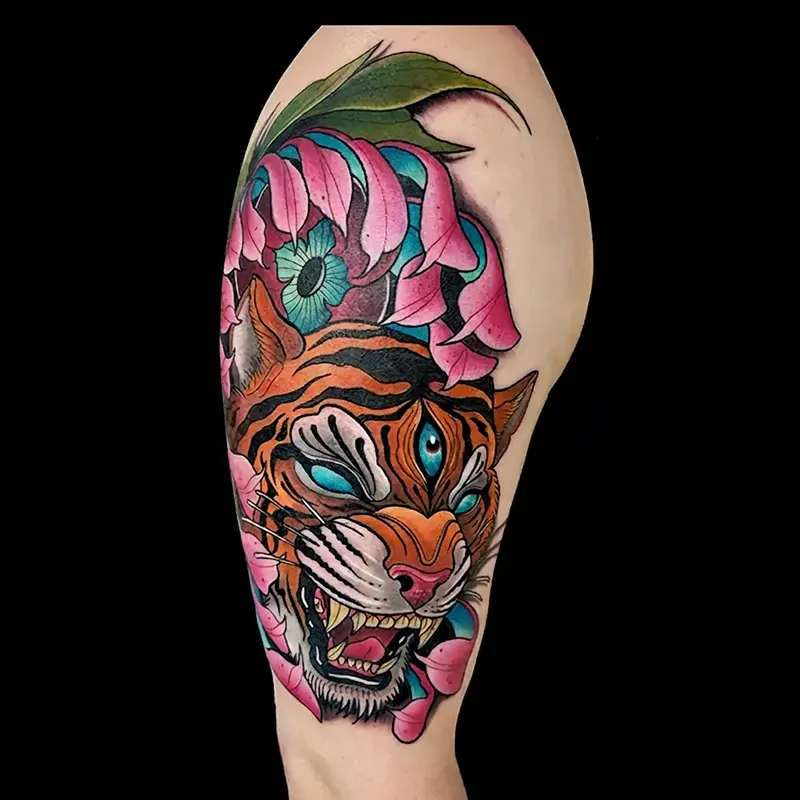 Neo-traditional tiger tattoo with third eye by guest artist Bence Kormos at Killer Silver Tattoo Studio