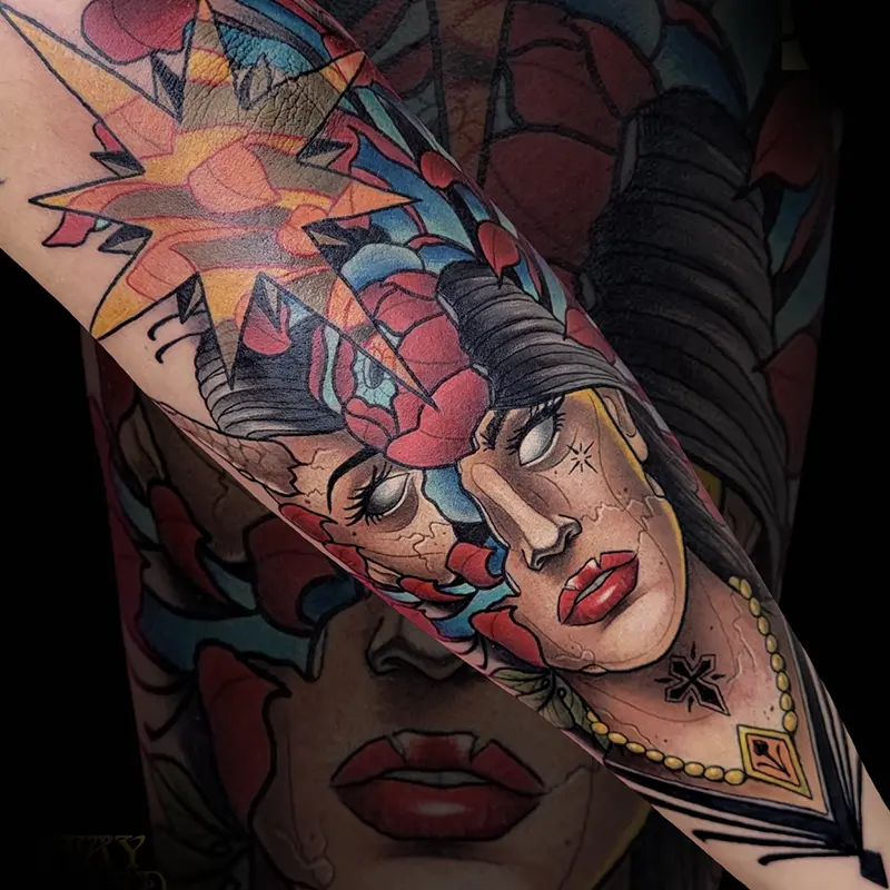 Neo-traditional portrait tattoo with sunburst by guest artist Bence Kormos at Killer Silver Tattoo Studio