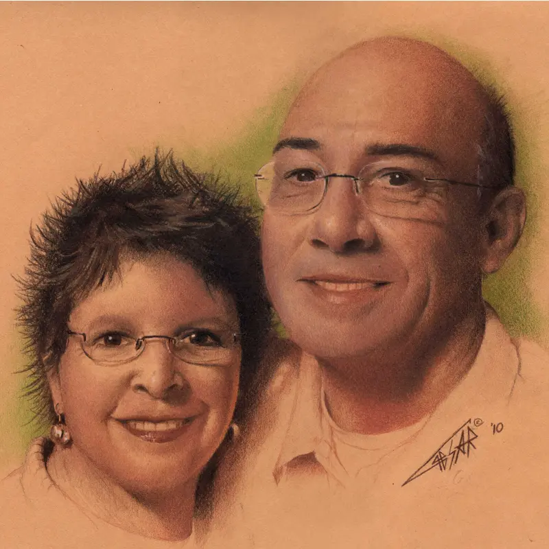 Sepia colored pencil portrait of a couple by Caesar, Killer Silver Tattoo Studio