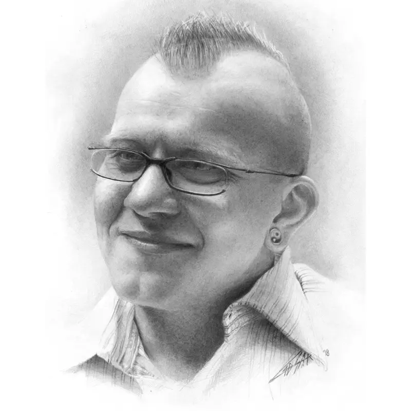 Graphite portrait drawing of a man with a mohawk by Caesar, Killer Silver Tattoo Studio
