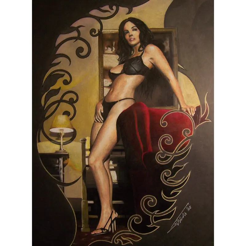 Pin-up style painting of a woman in a boudoir scene by Caesar, Killer Silver Tattoo Studio - color pencil on black paper