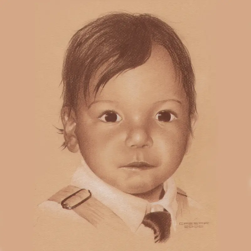 Sepia colored pencil portrait of a child by Caesar, Killer Silver Tattoo Studio