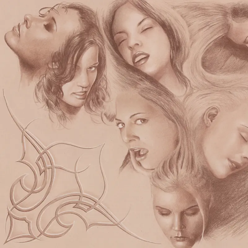 Sepia pencil study sheet of women's faces with tribal design by Caesar, Killer Silver Tattoo Studio - color pencil on toned paper