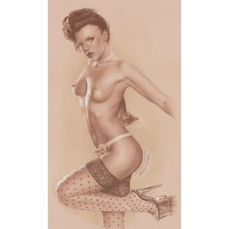 Sepia pencil pin-up figure drawing in stockings by Caesar, Killer Silver Tattoo Studio