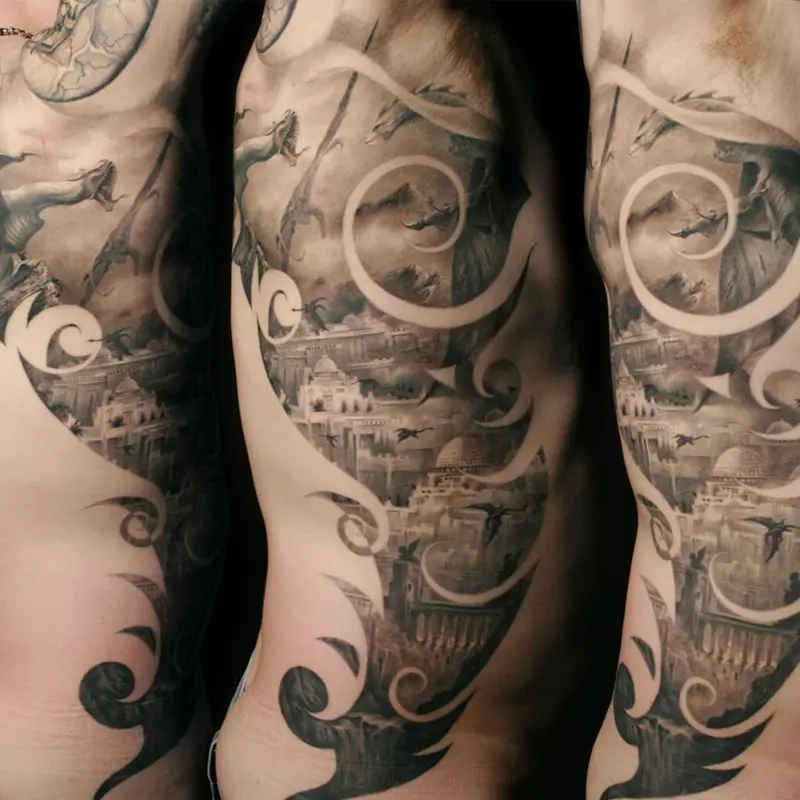 Black and gray realism rib and side piece of dragons flying over a domed fantasy city, framed by ornamental swirls