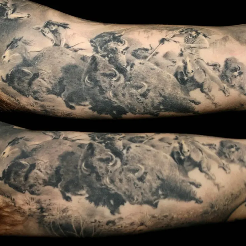 Black and gray tattoo of Native American riders hunting stampeding buffalo, reproducing a Lee Bogle painting on the inner arm