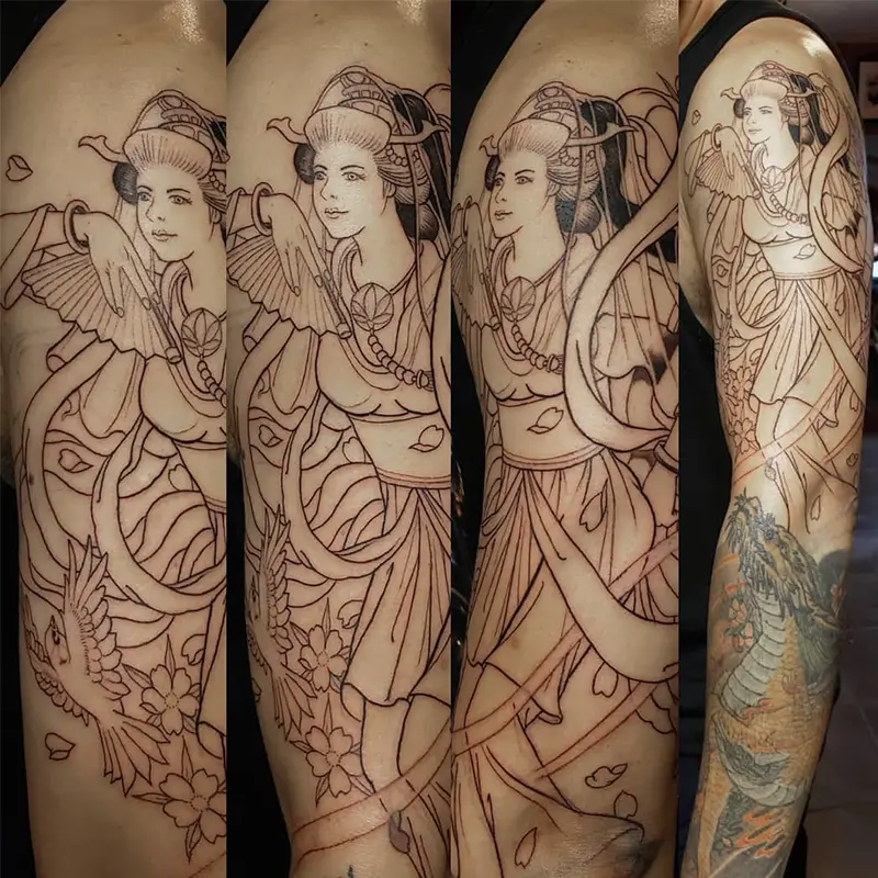 Asian fusion sleeve tattoo in progress, featuring a geisha figure with cherry blossoms and a dragon, by Philipus
