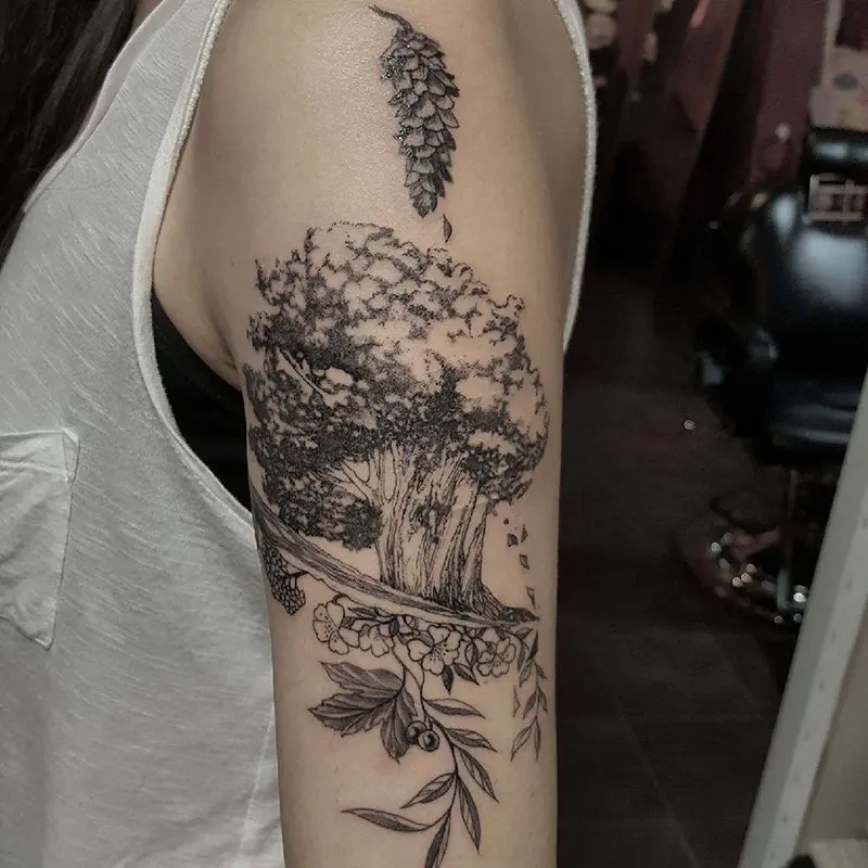Dotwork illustrative tattoo of an oak tree with a pinecone and flowers, by Philipus