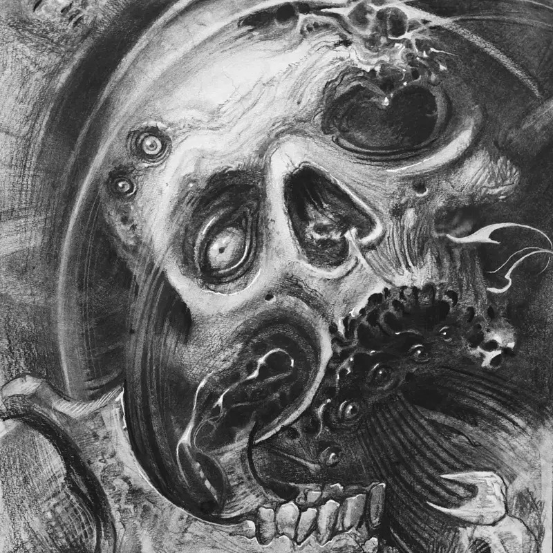 Dark art graphite drawing of a grotesque distorted face with an open screaming mouth, by Philipus