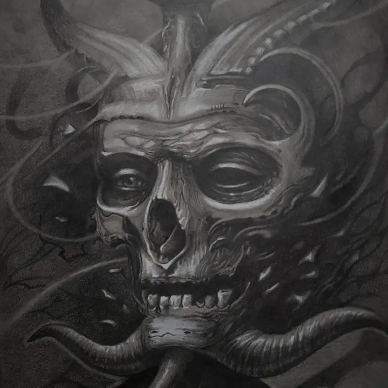 Graphite drawing of a horned skull surrounded by swirling smoke, by Philipus