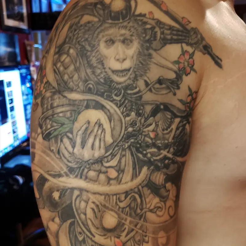 Neo-oriental sleeve tattoo of an armored monkey warrior with cherry blossoms, by Philipus
