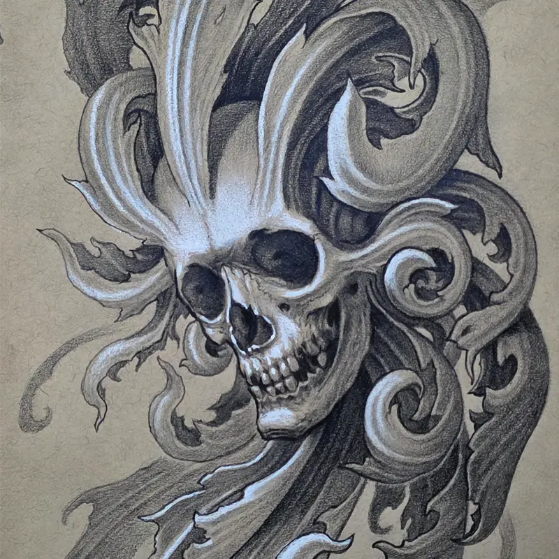 Graphite drawing of a skull with ornate scrollwork and wind-swept hair, by Philipus