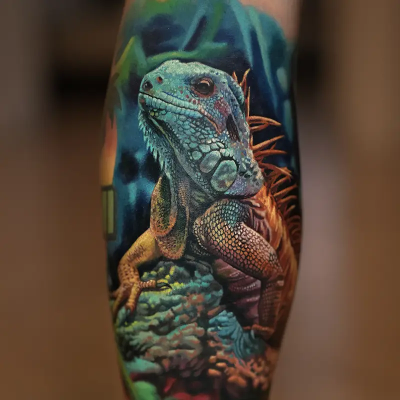 Color realism iguana tattoo by guest artist Soma Kiraly at Killer Silver Tattoo Studio