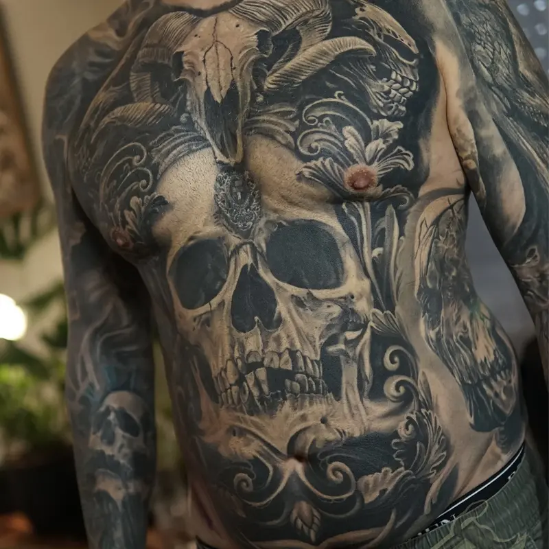 Horned skull chest piece tattoo by guest artist Soma Kiraly at Killer Silver Tattoo Studio