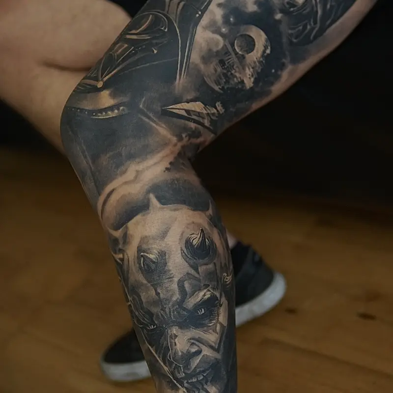 Black and grey Star Wars-themed leg sleeve tattoo featuring the Death Star by guest artist Soma Kiraly at Killer Silver Tattoo Studio