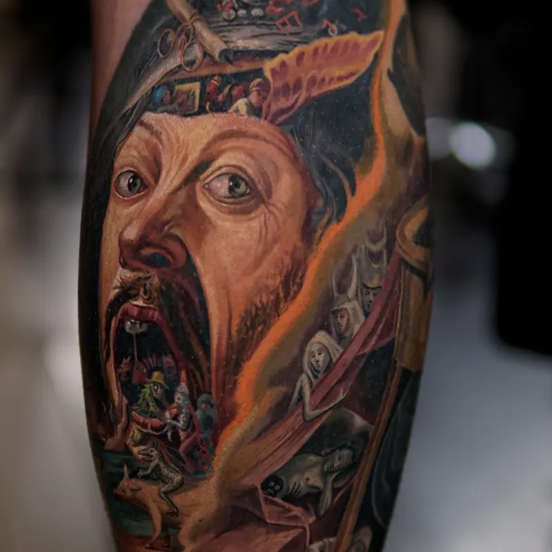 Surreal medieval-style portrait tattoo by guest artist Soma Kiraly at Killer Silver Tattoo Studio