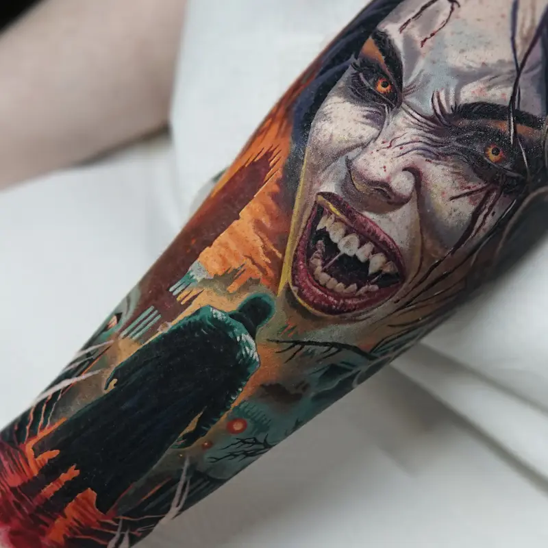 Color horror-themed vampire tattoo by guest artist Soma Kiraly at Killer Silver Tattoo Studio