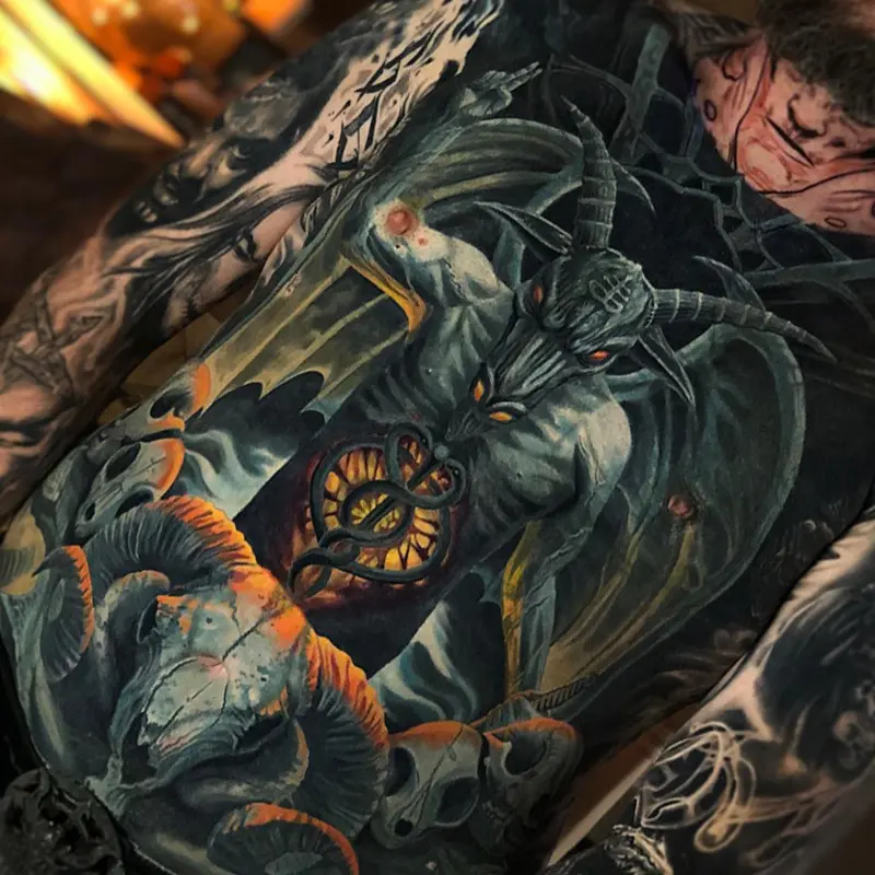 Winged demon torso tattoo by guest artist Soma Kiraly at Killer Silver Tattoo Studio