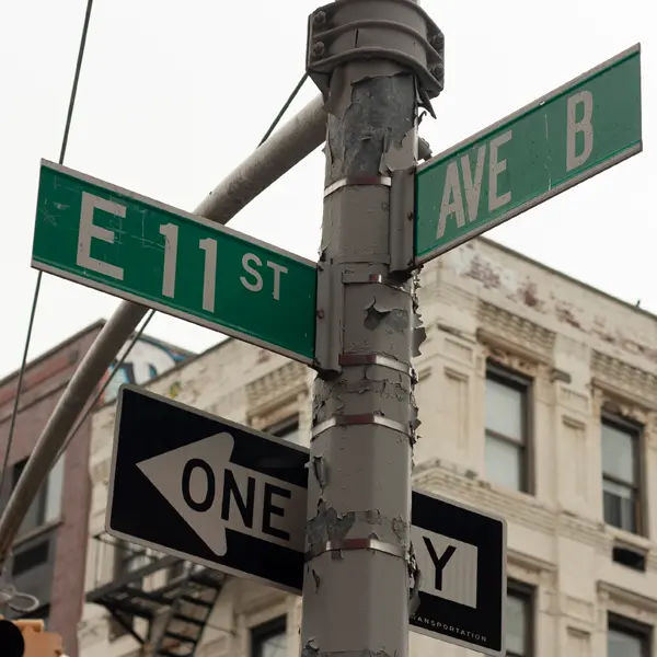 Avenue B and East 11th Street signs in New York's East Village