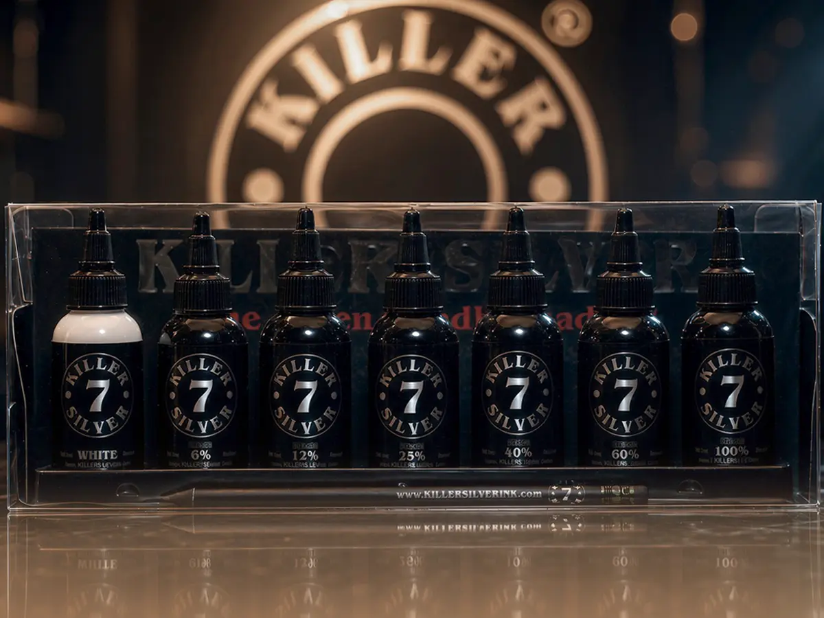 Killer Silver Ink Se7en Deadly Shades set: seven gray-wash bottles, White to 100% black