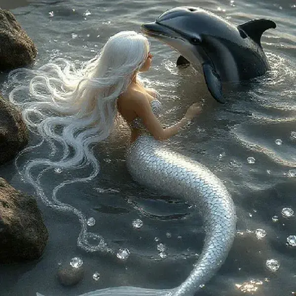 Silver-haired mermaid with a silver tail meeting a dolphin in shallow water, a reference for mermaid tattoos