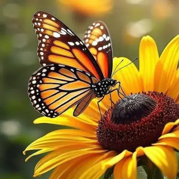 Monarch butterfly with orange and black wings resting on a yellow sunflower, a reference for butterfly freedom tattoos